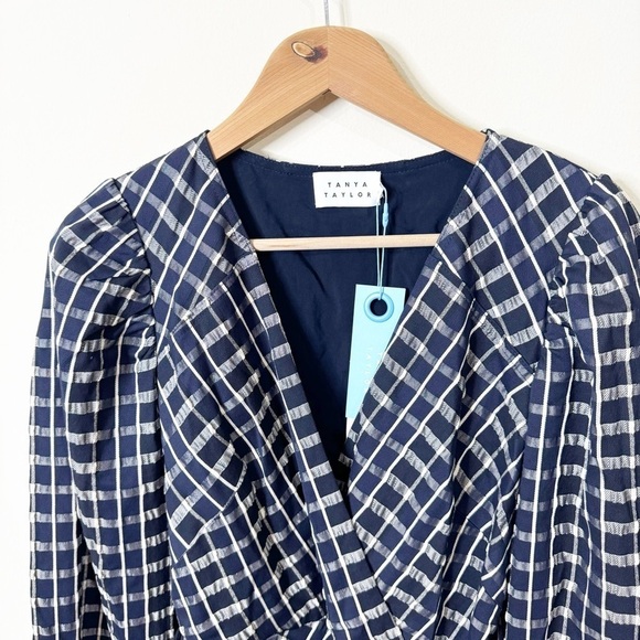 Tanya Taylor Navy Check Belted Puff Sleeves Nicola Dress Size 2 US NWT - Picture 3 of 8